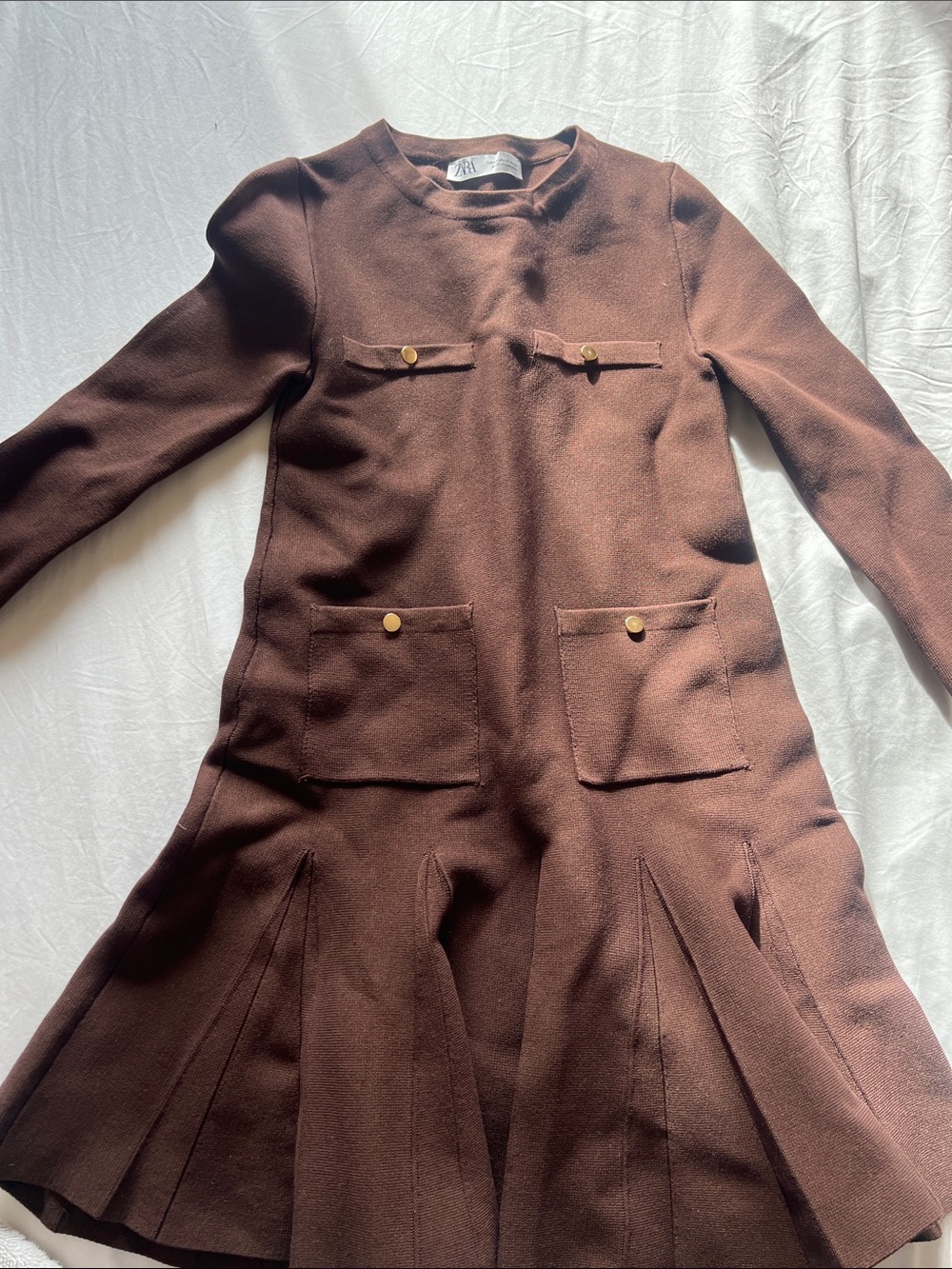 Zara Chocolate Brown Long Sleeve Mini Dress with Gold Buttons